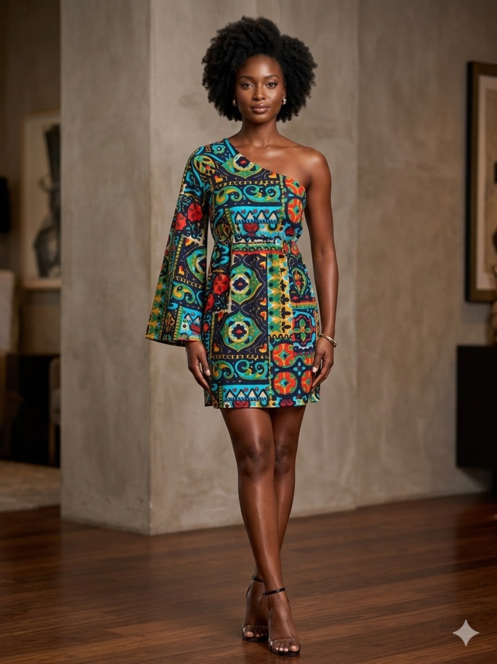 Judith March One-Shoulder Geo-Print Mini Dress in Teal, Red & Yellow